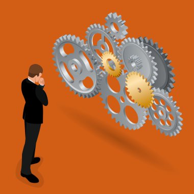 Businessman thinking how to build business. Functionality Technology Business Concept. Flat 3d isometric vector illustration