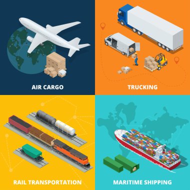 Logistic realistic icons set of air cargo, trucking, rail transportation, meritime shipping. On-time delivery. Delivery and logistic. Vector isometric illustration.