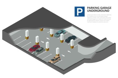 Underground parking with cars. Indoor car park. Urban car parking service. Flat 3d isometric vector illustration for infographic.