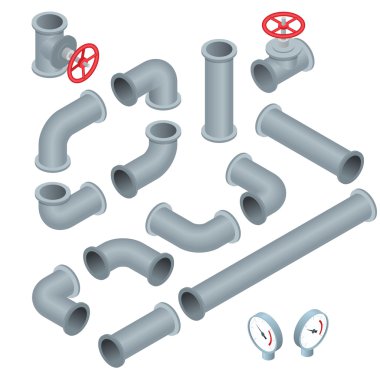 Detaylı inşaat adet borular, bağlantı parçaları, kapı Vana, musluk, creleri 3D düz izometrik çizimde koleksiyon vektör