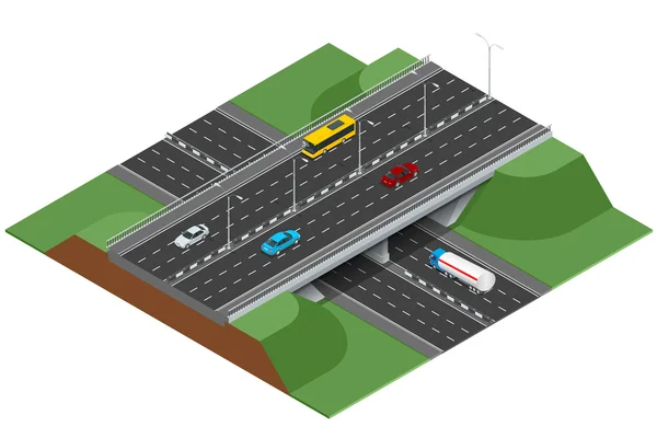 Straßeninfografiken mit Autobahnen mit Stadtverkehr. flaches dreidimensionales isometrisches Bild der Stadt mit Autobahnen. Fließender Verkehr. — Stockvektor