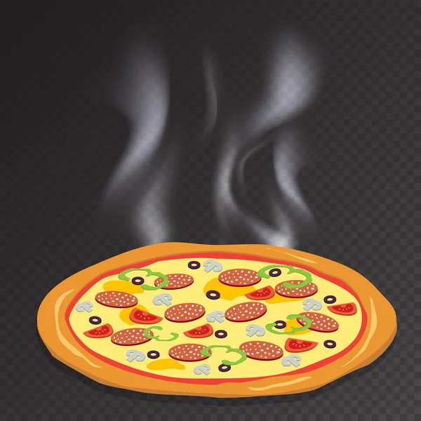 Tasty, flavorful pizza, Delicious italian pizza, Tasty pizza with vegetables, chicken and olives. Flat 3d vector isometric illustration — Διανυσματικό Αρχείο