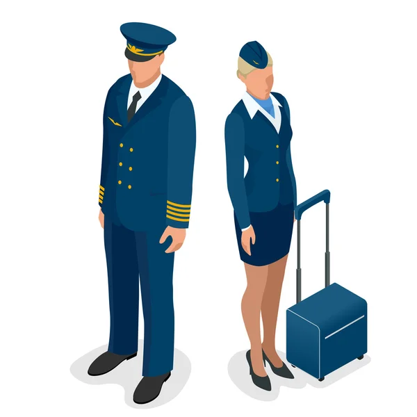 Captain of the aircraft and a beautiful flight attendant in a dark blue uniform, isolated on white background. Vector 3d flat isometric illustration — Stockvector