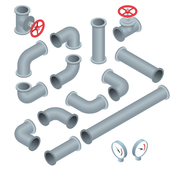 Vector 3d flat isometric illustration collection of detailed Construction Pieces pipes, fittings, gate valve, faucet, ells