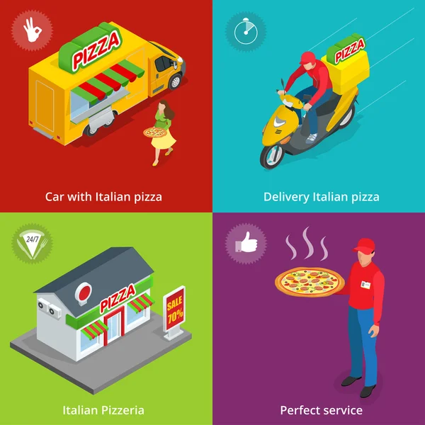 Illustration Set Banners with Italian Pizzeria, Mobile food truck, Car with Italian pizza, Perfect service, Delivery pizza, delivery boy. Flat 3d isometric pizza consept. — Stock vektor