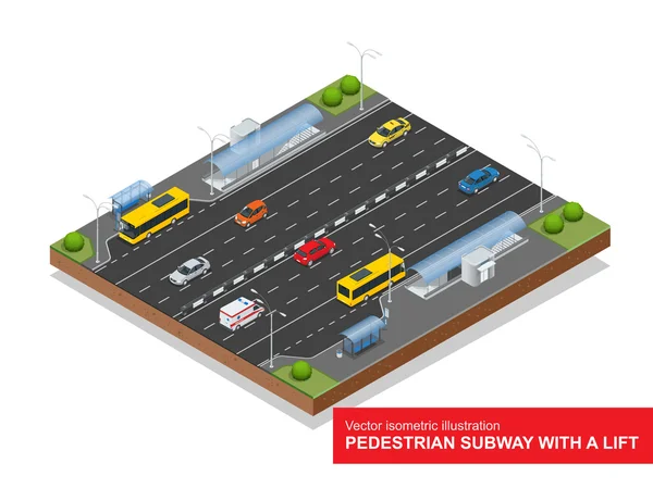 Isometrische Fußgänger-U-Bahn mit Aufzug unter der Autobahn. Set der isometrischen Fußgänger-U-Bahn mit Aufzug, Bus, Limousine, Taxi, Mini, Krankenwagen und Bushaltestelle. Vektor flache 3D-Illustration. Stadtverkehr — Stockvektor