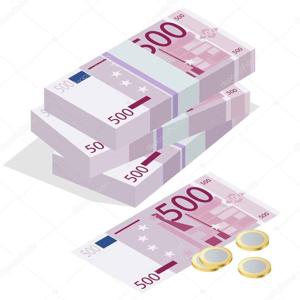 Five hundred euro banknote and one euro coin on a white background. Flat 3d vector isometric illustration concept hundreds euro banknotes stacks