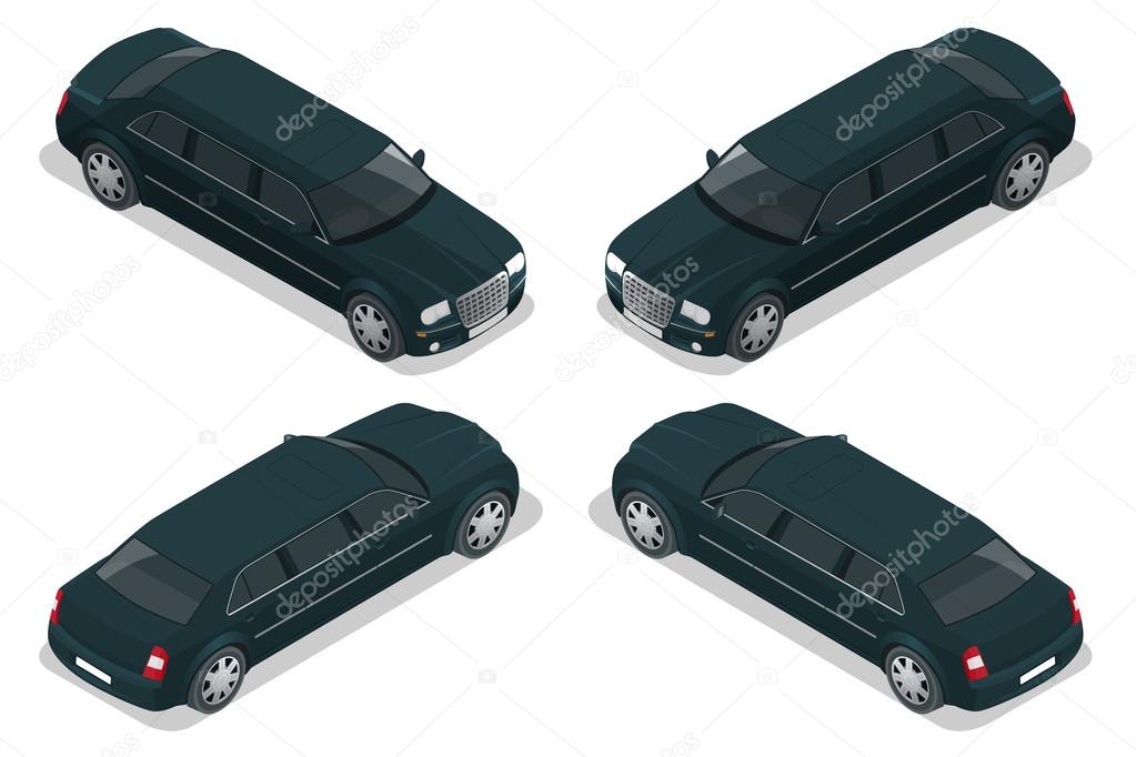 Black limousine. VIP car. Vector flat 3d  isometric illustration. Limousine icon, sign. Modern simple design, flat style.