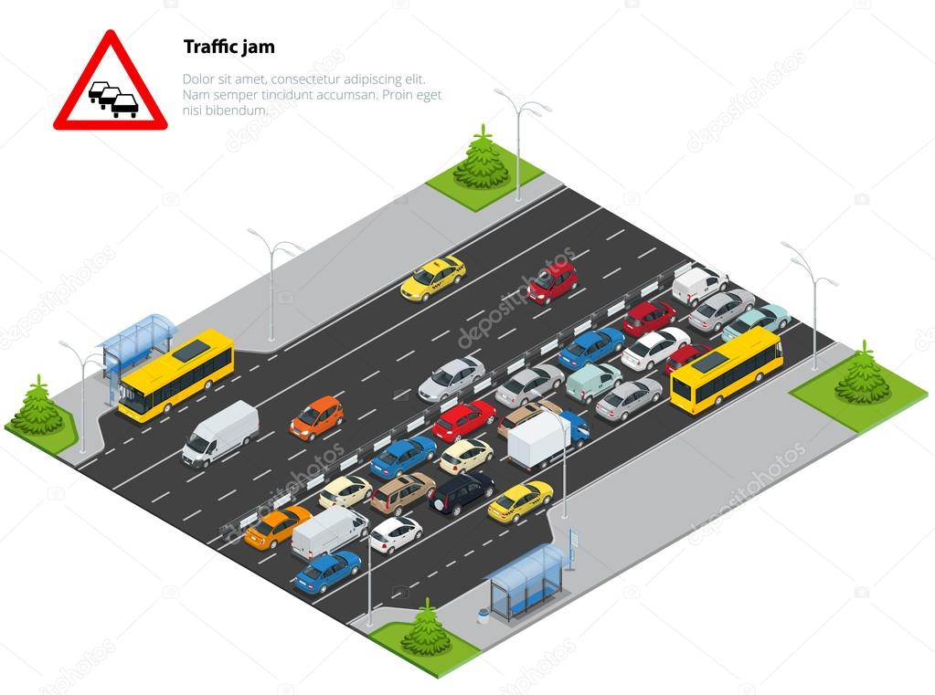 Isometric pedestrian subway with a lift under the highway. Set of the isometric pedestrian subway with a lift, bus, sedan, taxi, mini, ambulance and bus stop. Vector illustration.