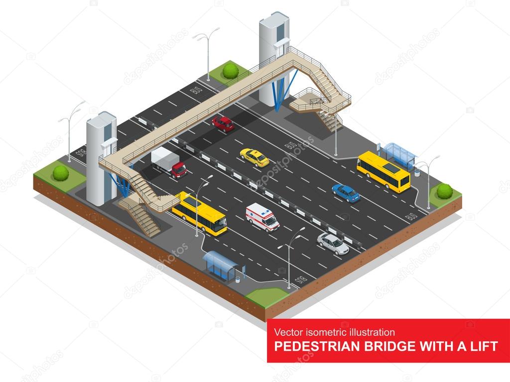 Isometric pedestrian bridge with a lift over the highway. Set of the isometric pedestrian bridge with a lift, bus, sedan, taxi, mini, ambulance and bus stop. Vector flat 3d illustration. City traffic.