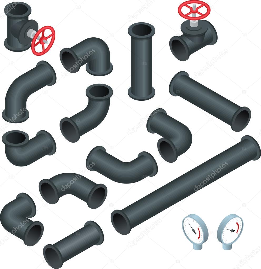 Vector 3d flat isometric illustration collection of detailed Construction Pieces pipes, fittings, gate valve, faucet, ells