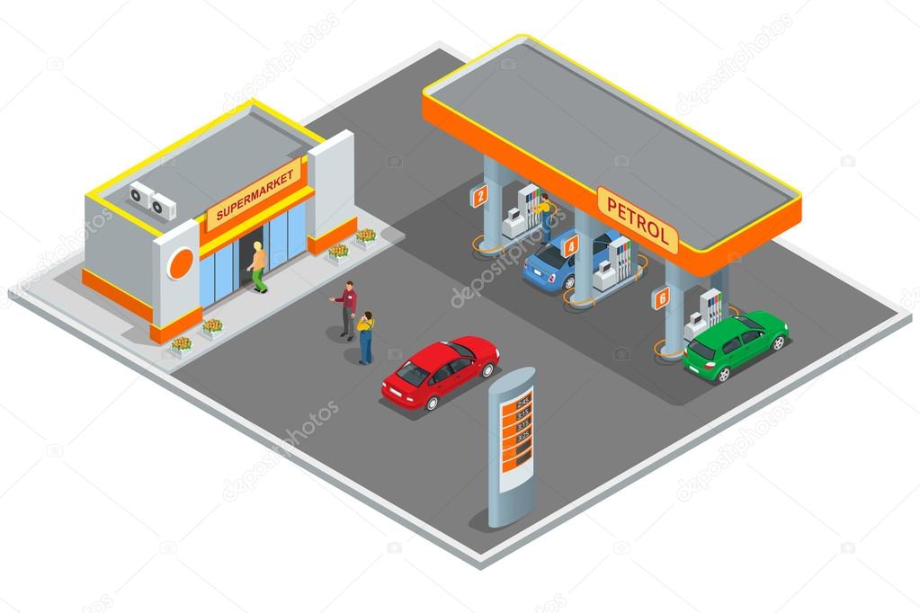 Gas station, petrol station. Refilling, shopping service. Refill station cars and customers. Business icon, Infographics design web elements vector flat 3d isometric illustration,