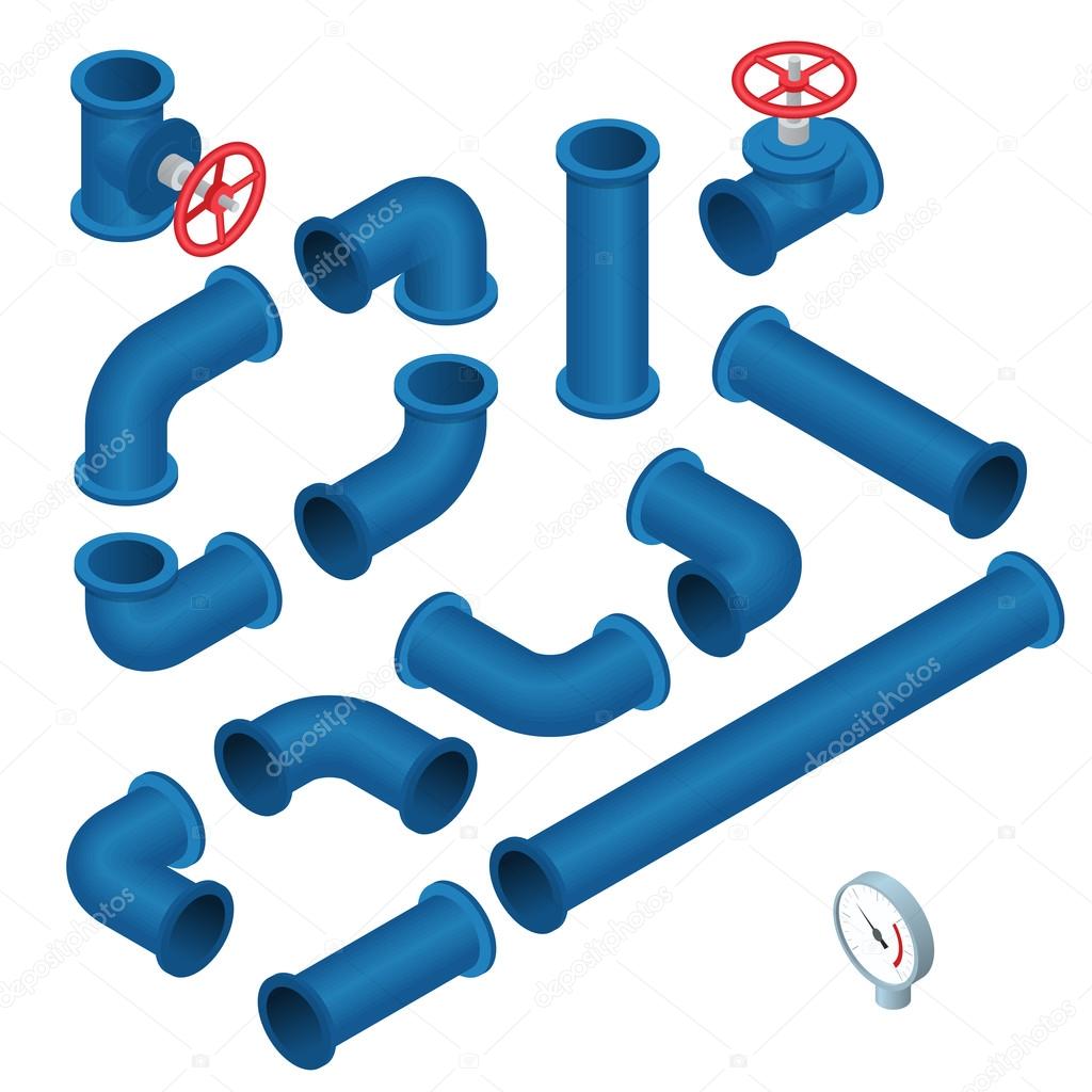 Vector 3d flat isometric illustration collection of detailed Construction Pieces pipes, fittings, gate valve, faucet, ells