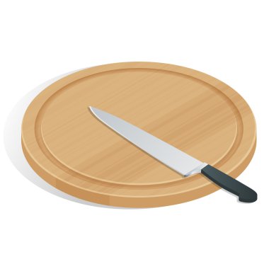 Bıçak üzerinde beyaz izole tahta kesme üzerinde. Kesme tahtası ve bıçak simgesi. Şef ve Restoran, mutfak sembolü.