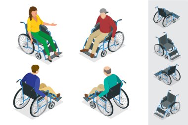 İzole tekerlekli sandalye. Adam tekerlekli sandalyede. 3D izometrik vektör çizim düz. Engelliler günü