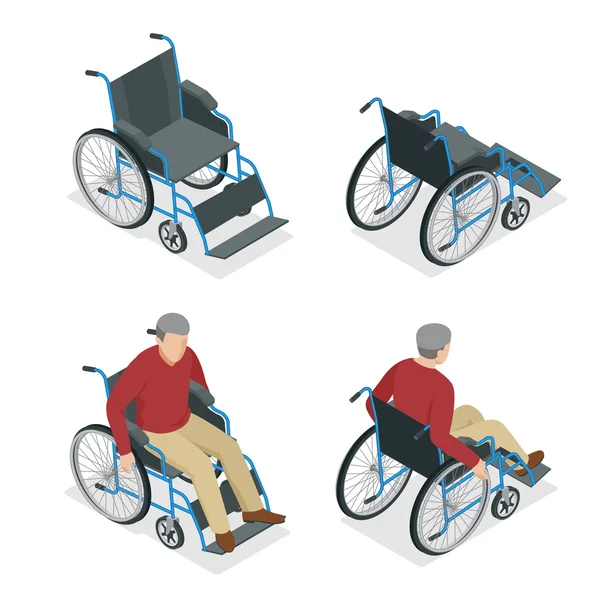 Rullstol isolerade. Man i rullstol. Platt 3d isometrisk vektor illustration. Internationella dagen för personer med funktionsnedsättning — Stock vektor