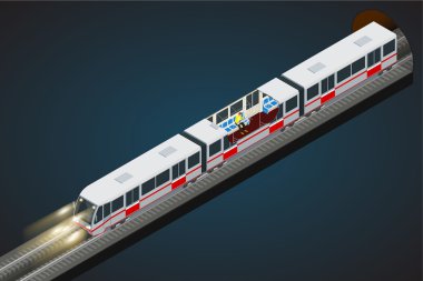Vektör düz 3d bir metro treni isometrik illüstrasyon. Tren, Gökyüzü Treni, Metro. Çok sayıda yolcu taşımak için tasarlanmış araçlar.