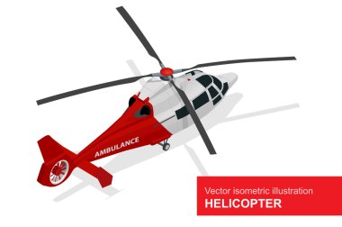 Kırmızı helikopter. Tıbbi tahliye helikopterinin vektör biyometrik illüstrasyonu. Hava tıbbi hizmeti.