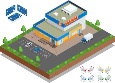 Süpermarket in dış cephesi. Otopark ve alışveriş arabaları ile süpermarket. Perakende ticaret. Kredi Kartları. Vektör düz 3d isometrik illüstrasyon.