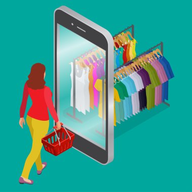 Online alışveriş ve tüketicilik kavramı. Mobil bakkal alışveriş e-ticaret online mağaza düz 3d web izometrik illüstrasyon infografik kavramı vektör elektronik iş satış için.
