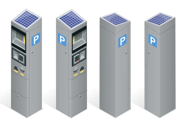 Parkeermeter waardoor betaling via mobiele telefoon, creditcards, munten. Infographic zakelijke elementen. Platte 3D Isometrische vector illustratie. — Stockvector