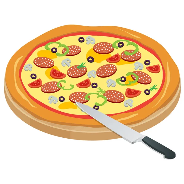 Itália Pizza no quadro com os ingredientes e faca isolado no fundo escrever. Pizza apetitosa com cogumelos, mussarela, carne, pepperoni. Comida rápida. Ilustração vetorial . — Vetor de Stock