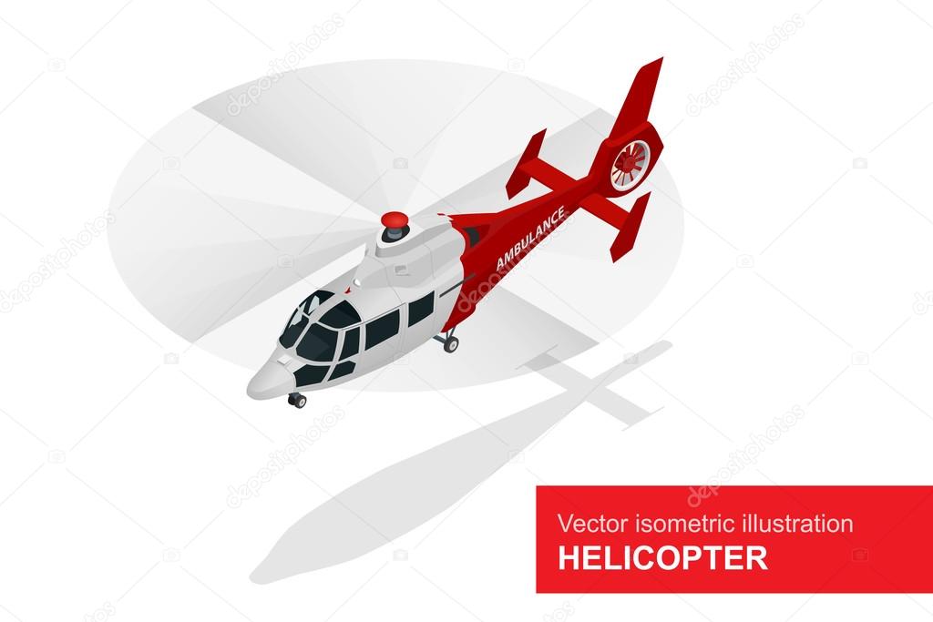 Red helicopter. Vector isometric illustration of  Medical evacuation helicopter. Air medical service.