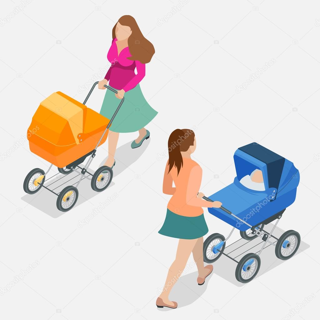 Mother pushing a baby stroller isolated against background. Isometric flat 3d vector illustration - mother with baby in stroller.