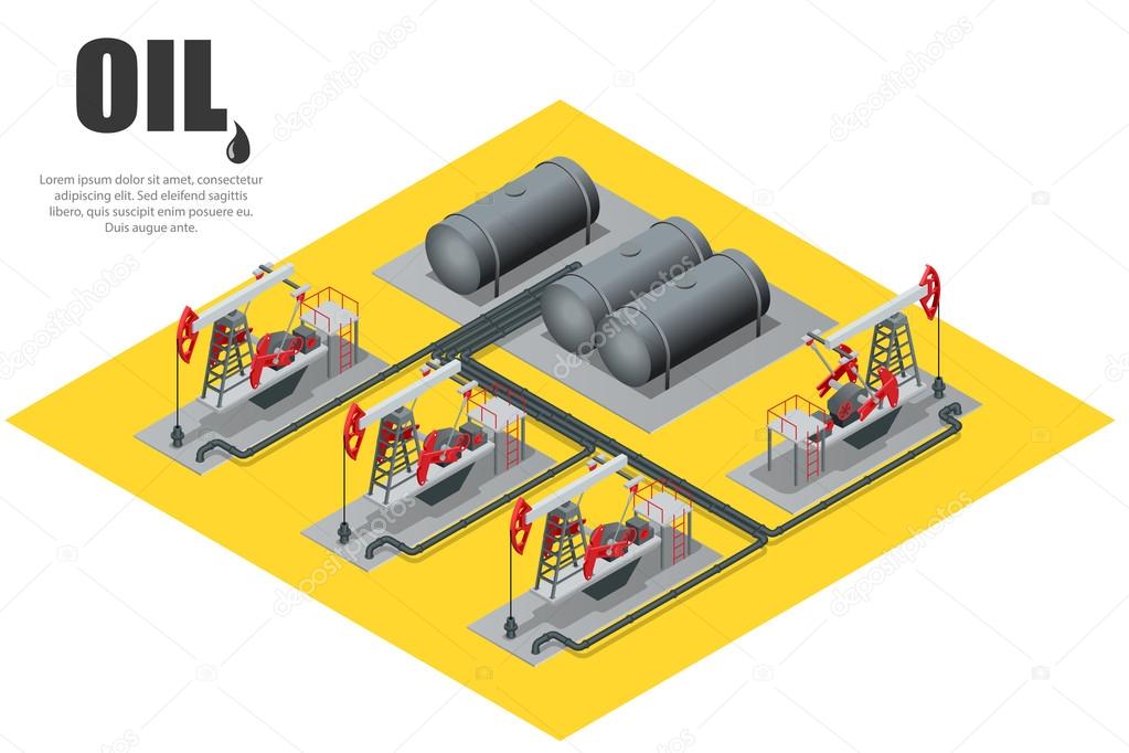 Oil field extracting crude oil. Oil pump. Oil industry equipment. Flat 3d Vector isometric illustration.