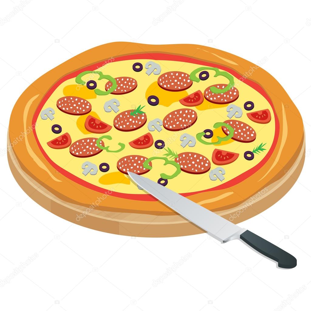 Italy Pizza on the chalkboard with the ingredients and knife isolated on write background. Appetizing pizza with mushrooms, mozzarella, meat, pepperoni. Fast food. Vector illustration.