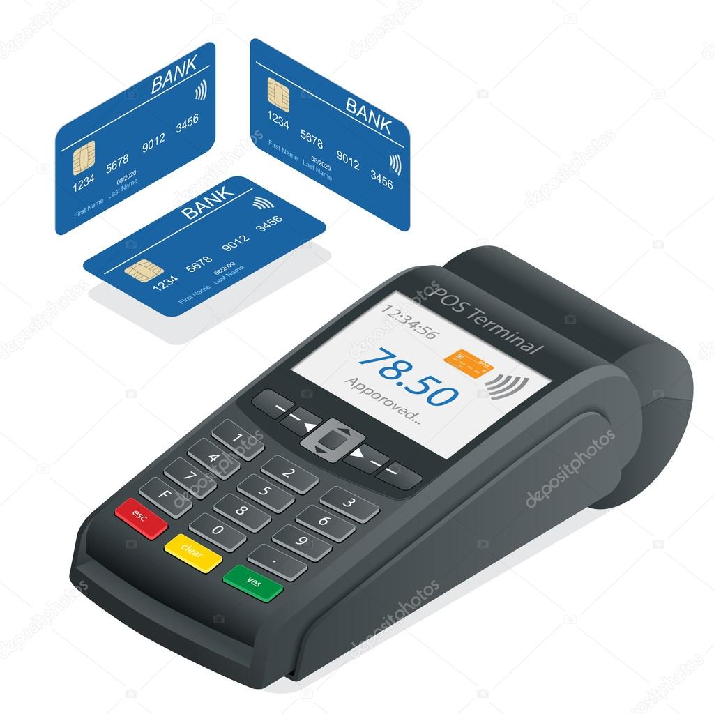 Credit card terminal on a white background. POS Terminal and debit credit card, near field communication technology, online banking.   Flat 3d vector isometric illustration