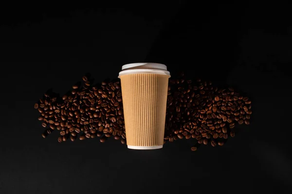 Paper Cup Coffee Coffee Beans Black Background Side View Take — Stock Photo, Image