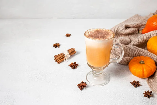 Pumpkin latte with whipped cream and spices on white background. Copy space. Cinnamon and anis