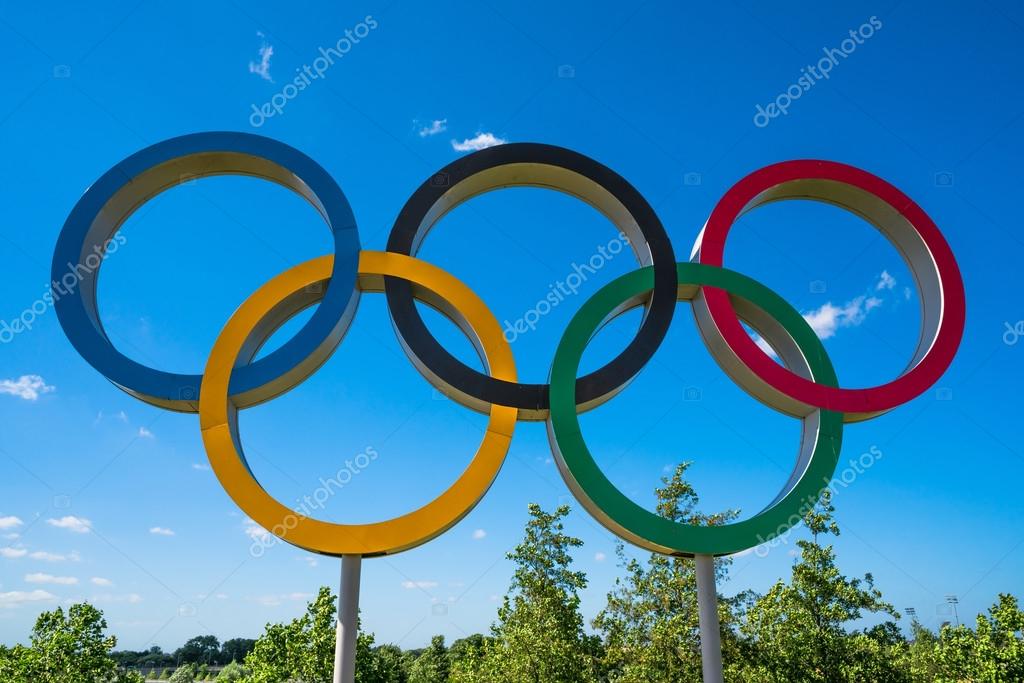 LONDON, UK - AUGUST 7, 2016: The Olympic Games symbol in the new Queen Elizabeth Olympic Park, a legacy from the games in the large landscaped public recreation area at Stratford, London, UK.