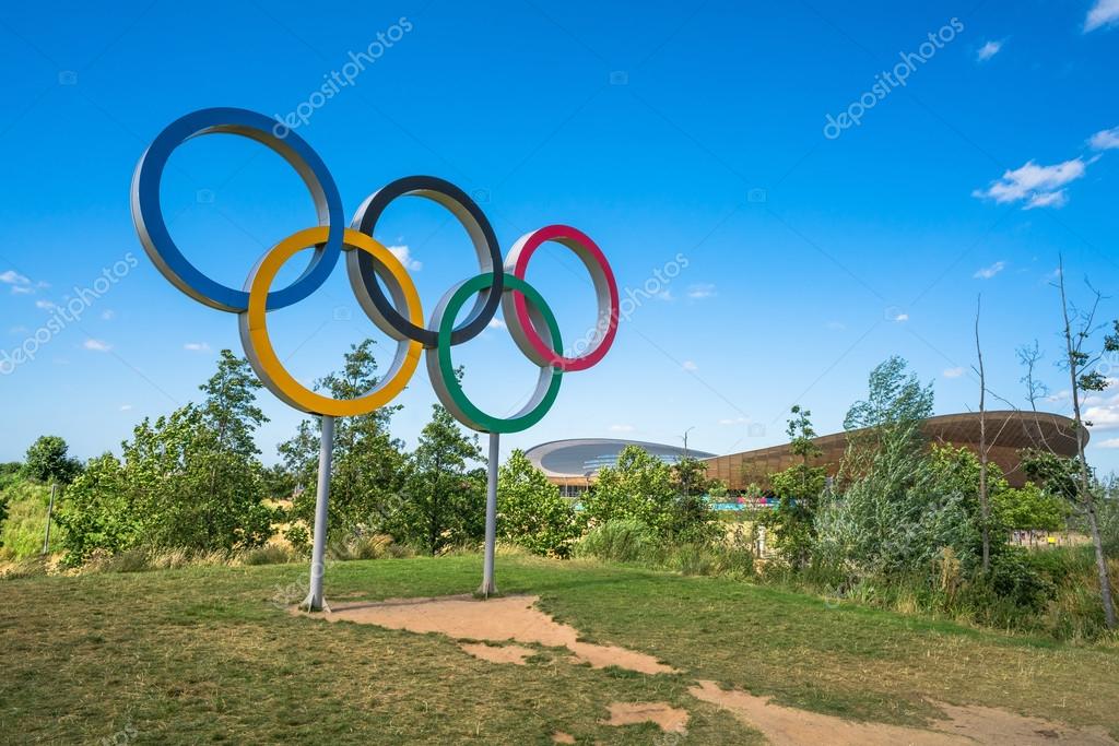 LONDON, UK - AUGUST 7, 2016: The Olympic Games symbol in the new Queen Elizabeth Olympic Park, a legacy from the games in the large landscaped public recreation area at Stratford, London, UK.