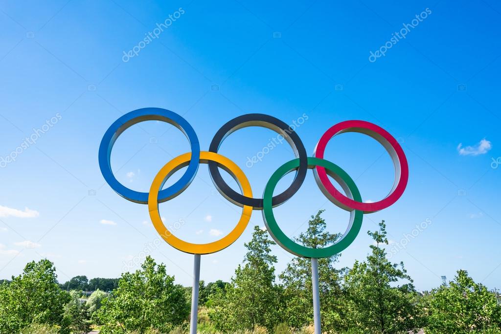 LONDON, UK - AUGUST 7, 2016: The Olympic Games symbol in the new Queen Elizabeth Olympic Park, a legacy from the games in the large landscaped public recreation area at Stratford, London, UK.