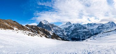 İsviçre 'nin Grindelwald şehrindeki ilk dağdaki İsviçre Alpleri' nin geniş panoramik manzarası