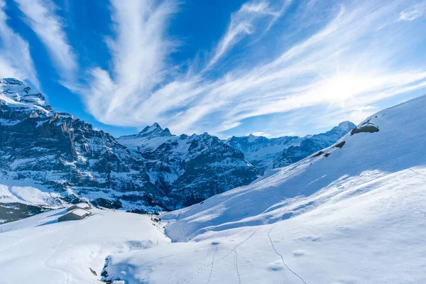 Winterlandschap Met Besneeuwde Toppen Vanaf Eerste Berg Zwitserse Alpen Het — Stockfoto