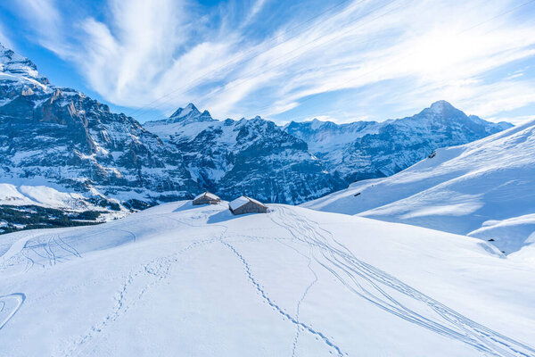 Winter landscape with snow covered peaks seen from the First mountain in Swiss Alps in Grindelwald ski resort, Switzerland