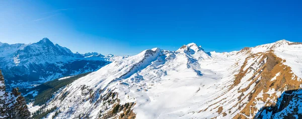 Amplia Vista Panorámica Del Paisaje Invernal Los Alpes Suizos Primera — Foto de Stock