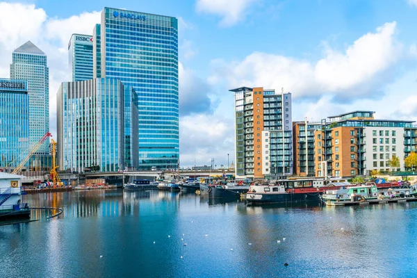 Londen November 2020 Moderne Wolkenkrabbers Van Canary Wharf Financiële Hub — Stockfoto