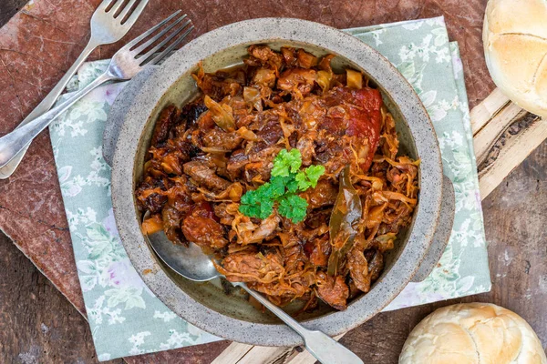 Bigos Mâncare Tradițională Poloneză Din Carne Tocată Tocană Varză Murată — Fotografie, imagine de stoc