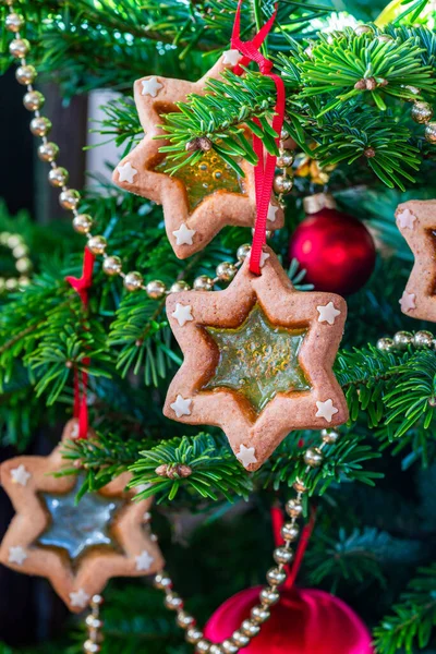 Christmas Stained Glass Window Biscuits Christmas Tree — Stock Photo, Image