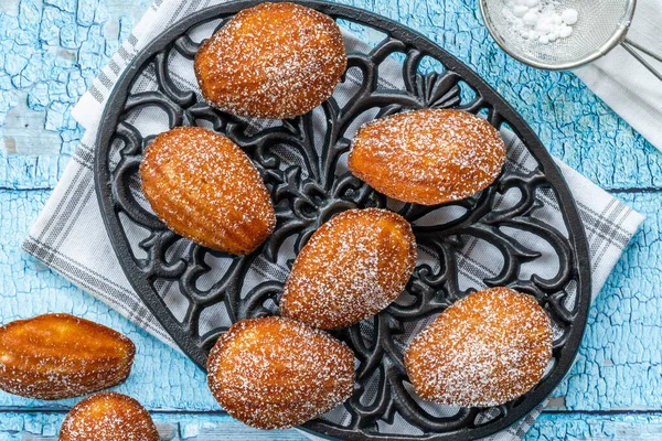 Traditional Madeleines Cakes Dusted Icing Sugar Overhead View — Stock Photo, Image