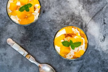 Mango, granola ve vanilyalı yoğurt tatlı tenceresi - genel görünüm