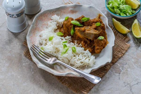 Tamarind duck curry with basmati rice - high angle view