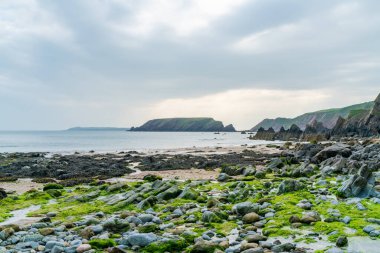 Kaya oluşumlu Marloes Sands Sahili, Galler