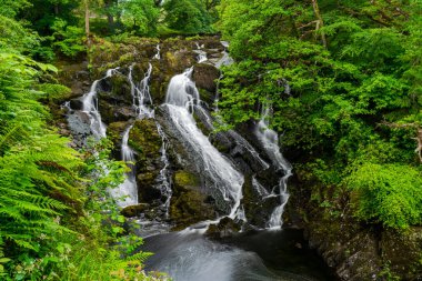 Kuzey Galler 'deki Betws-Y-Coed yakınlarında Swallow Falls. Uzun pozlama efekti