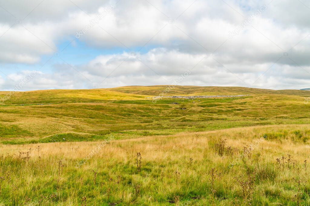 Wide panoramic view of beautiful rural landscape in Yorkshire Dales, North Yorkshire, UK
