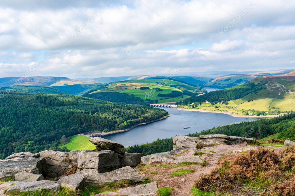 View of the Derwent Valley and Ladybower Reservoir in the Peak District from Bamford Edge, Derbyshire England